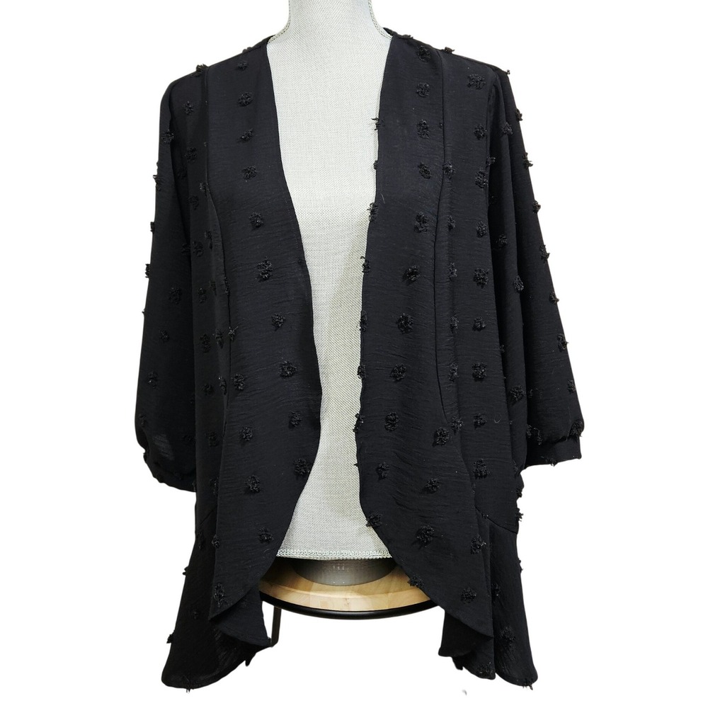 Boho Black Swiss Dot Pom-Pom Ruffle Open Front Cardigan XL Cottagecore Whimsy